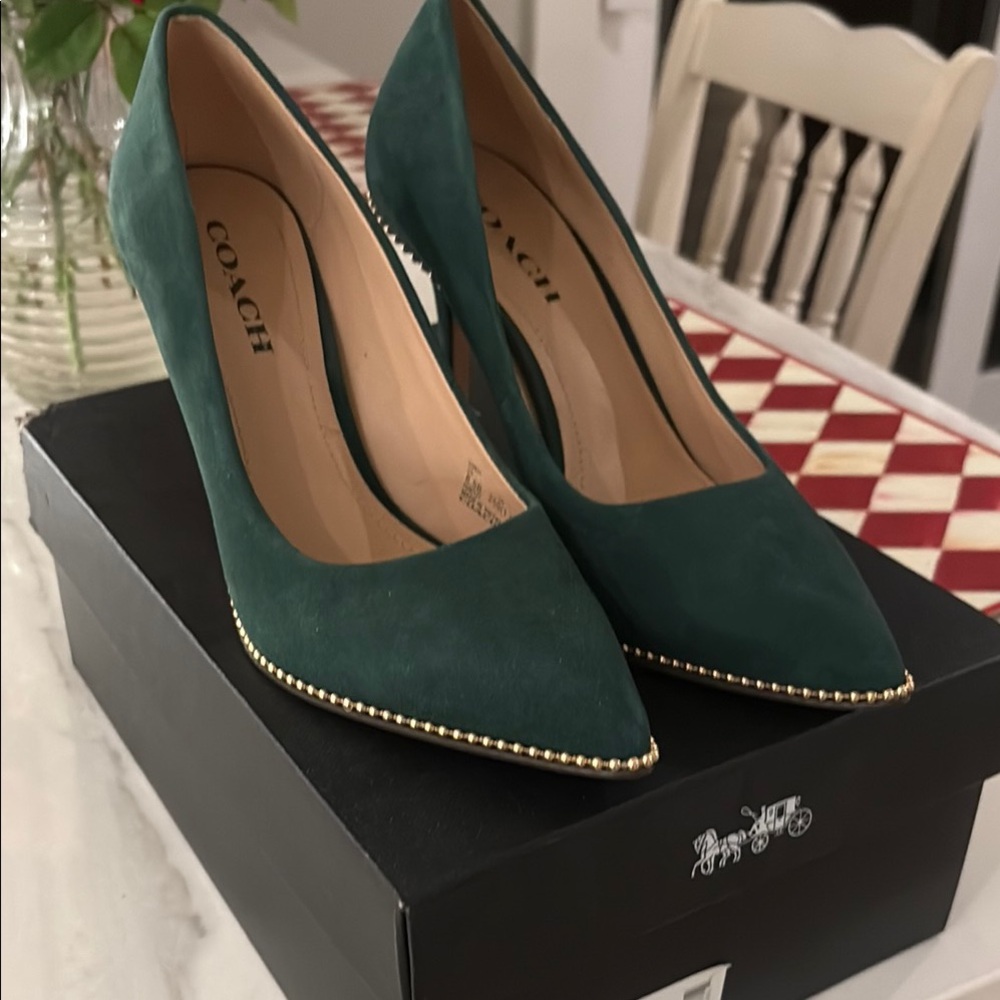 Like New Coach Waverly Suede Green Pumps with gold detail -  Size 8.5